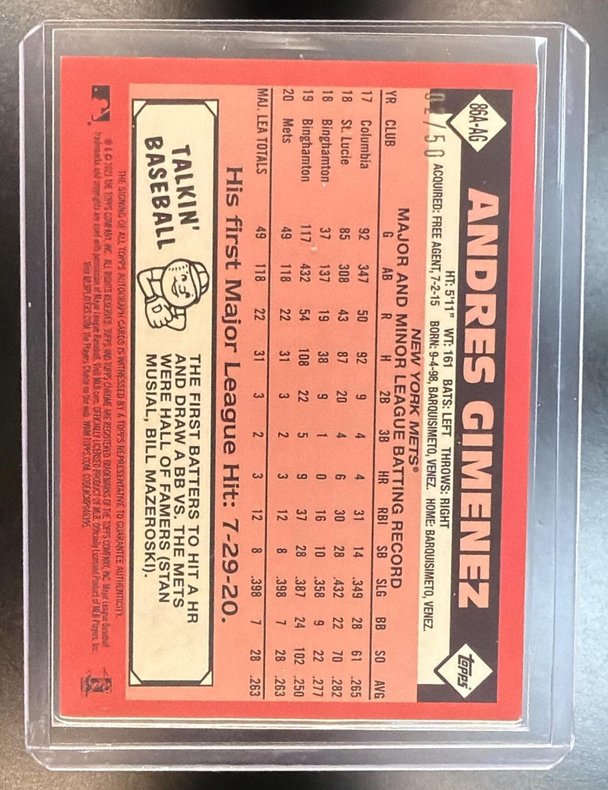 2021 Topps Chrome 35th Anniversary Andres Gimenez #86A-AG Auto 02/50 RC Mets