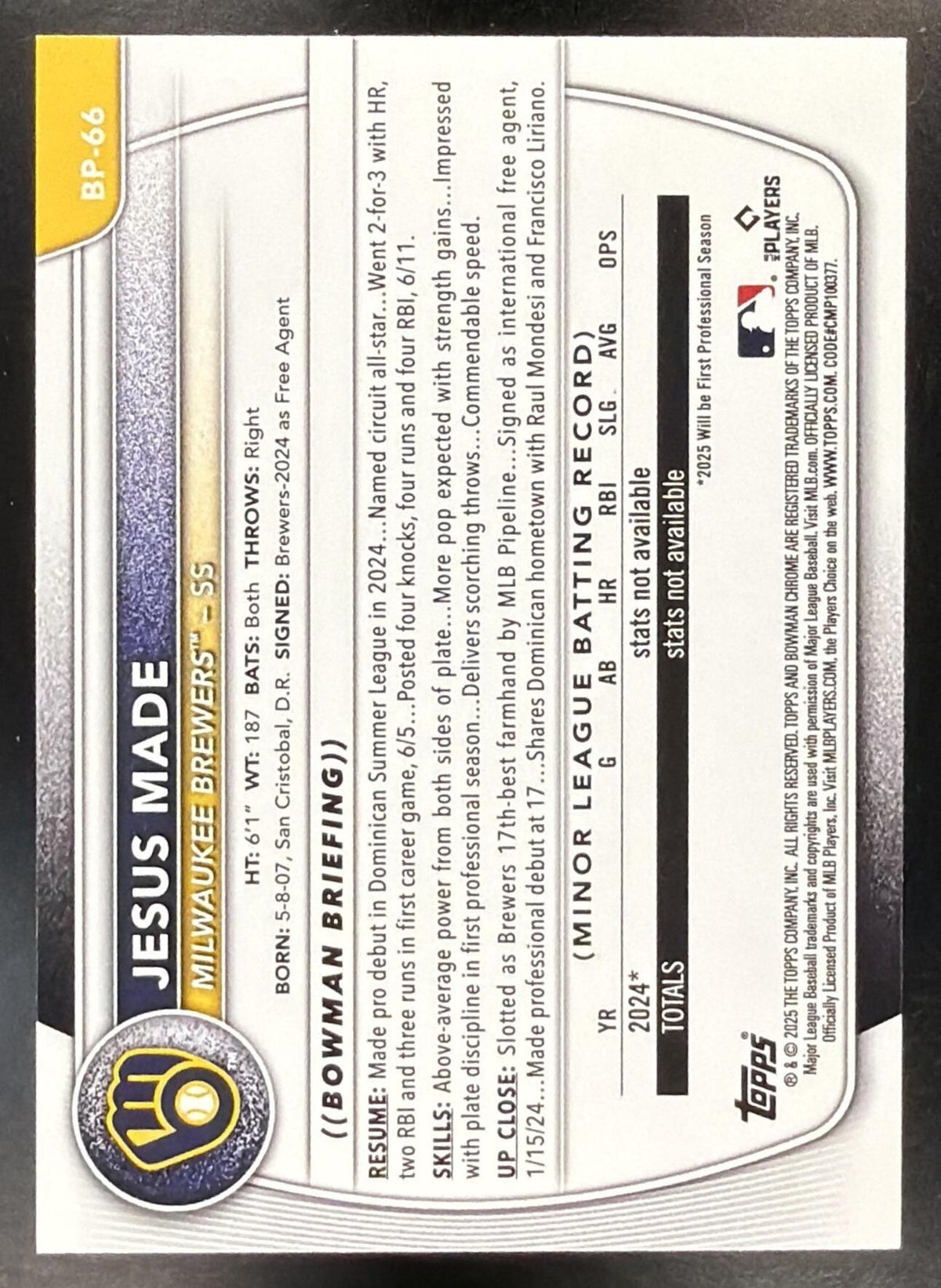2025 Bowman Jesus Made #BP-66 Prospects Neon Green Border 43/399