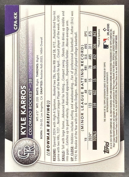 2025 Bowman Chrome Kyle Karros #CPA-KK Auto Purple Refractor 143/250 1st Prospect