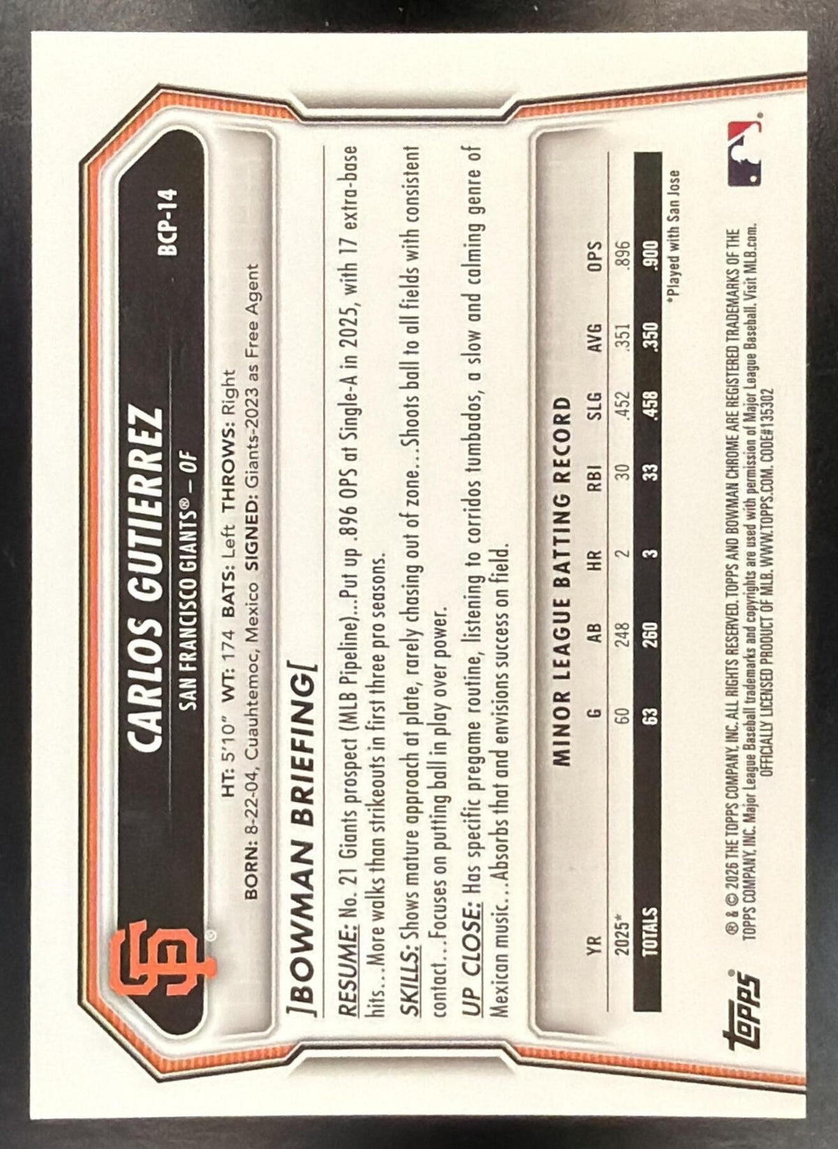 2026 Bowman Sapphire Carlos Gutierrez #BCP-14 Chrome Black Refractor 9/10 1st Prospect