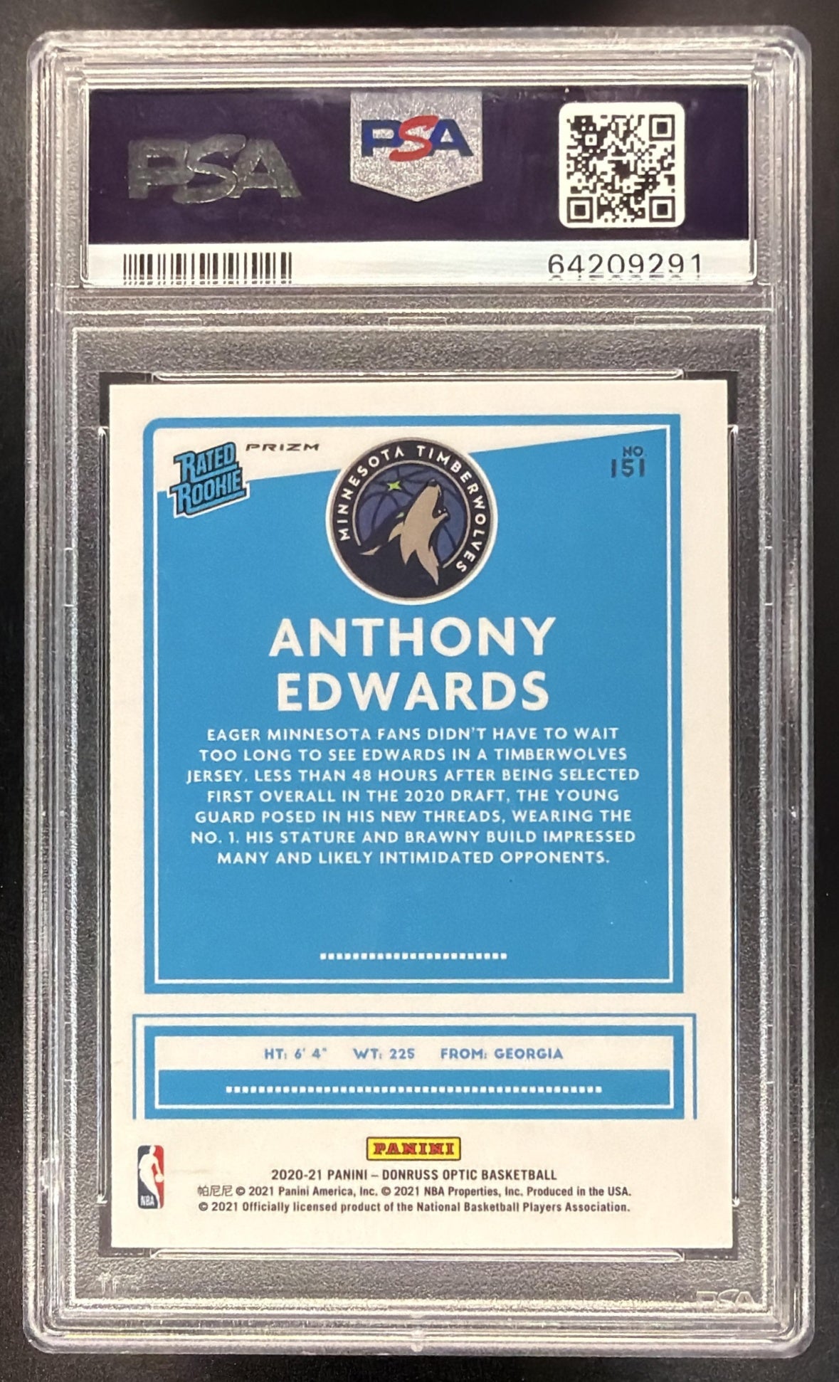 2020-21 Panini Donruss Optic Anthony Edwards #151 Blue Velocity Prizm RC PSA 10