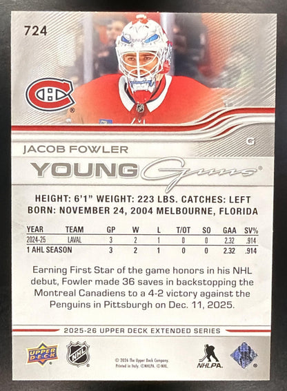 2025-26 Upper Deck Extended Series Jacob Fowler #724 Outburst Young Guns RC