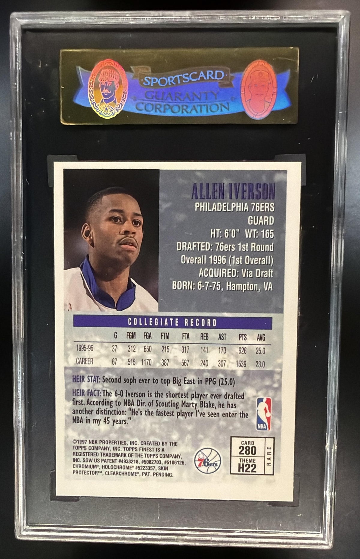 1996-97 Topps Finest Allen Iverson #280 Gold SGC 96 Mint