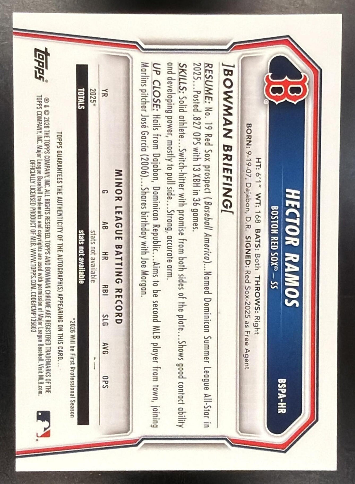 2026 Bowman Sapphire Hector Ramos #BSPA-HR Chrome Auto Orange Refractor /25 1st Prospect