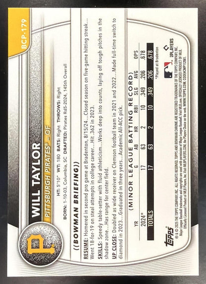 2025 Bowman Chrome Will Taylor #BCP-179 Orange Wave Refractor 15/25 1st Prospect