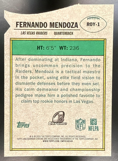2026 Bowman Fernando Mendoza #ROY-1 Chrome ROY Favorites Geometric Refractor RC