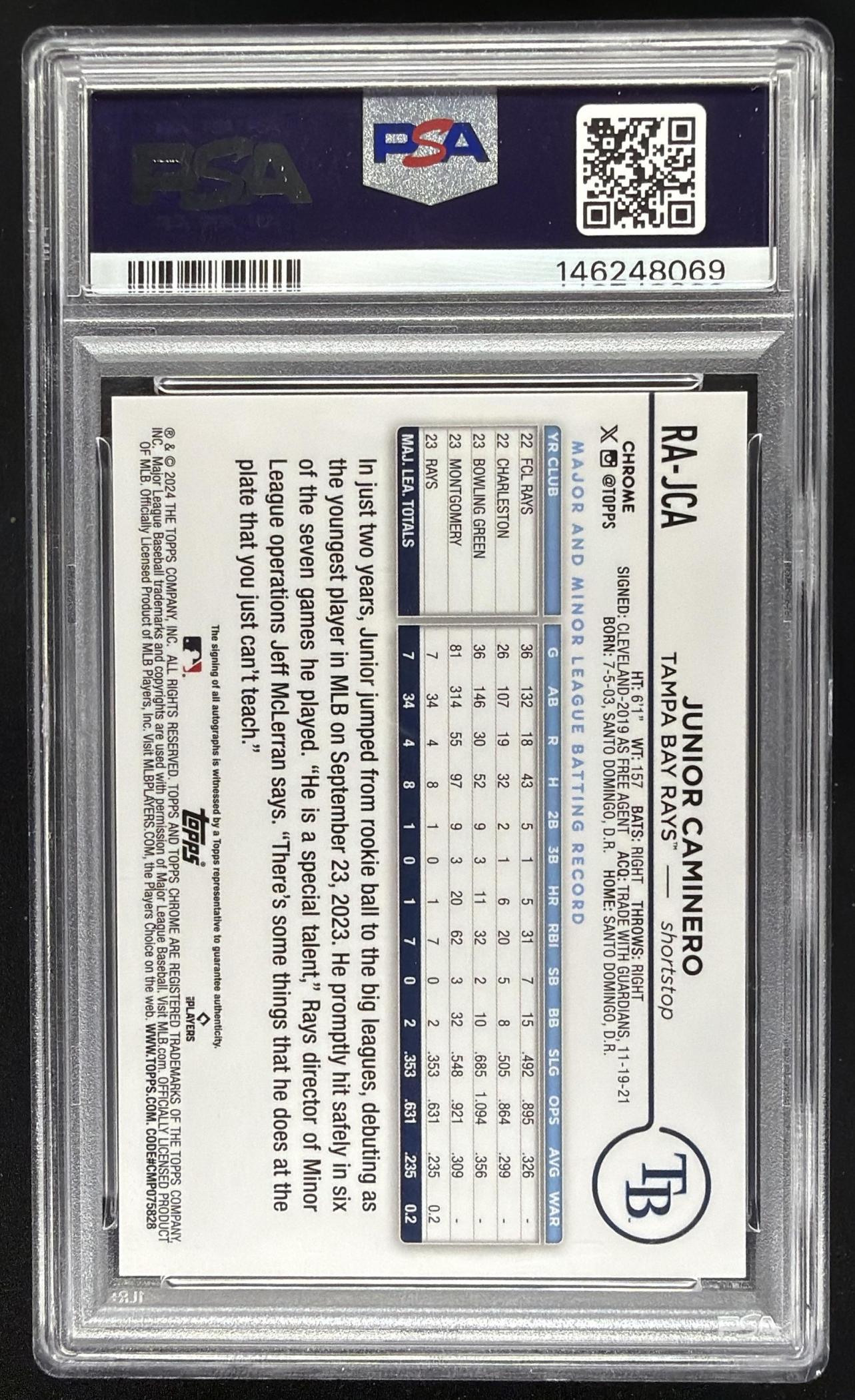 2024 Topps Chrome Junior Caminero #RA-JCA Rookie Auto RC PSA 9