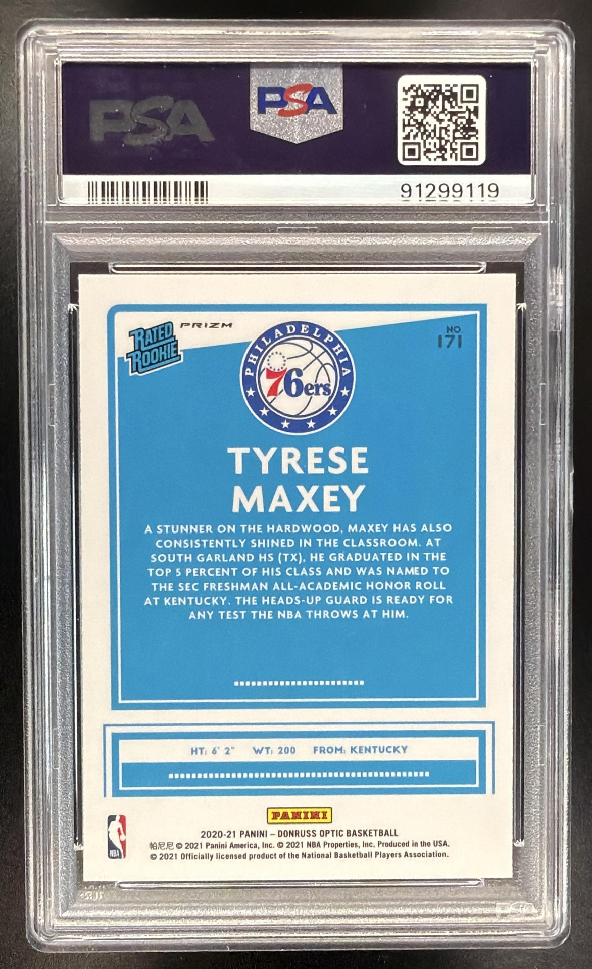 2020 Panini Donruss Optic Tyrese Maxey #171 Fanatics Prizm RC Rated Rookie PSA 10