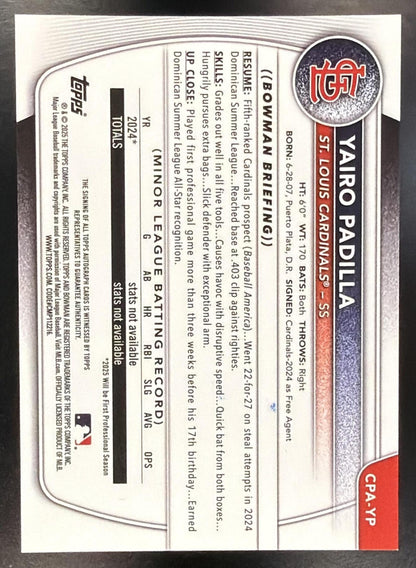 2025 Bowman Chrome Yairo Padilla #CPA-YP Auto Gold Mini Diamond Refractor /50 1st Prospect
