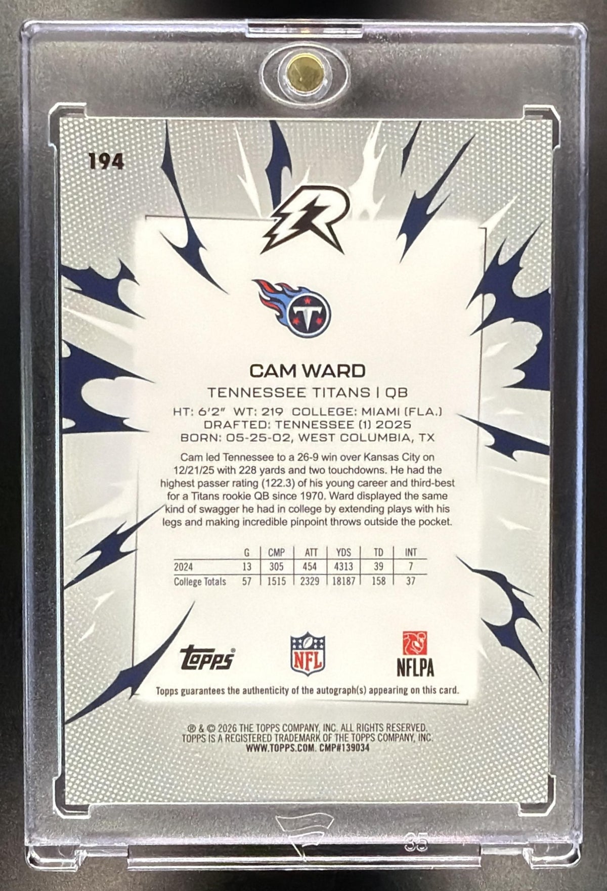 2025 Topps Resurgence Cam Ward #194 Rookie Signatures Red Power Surge Refractor /5 RC Auto