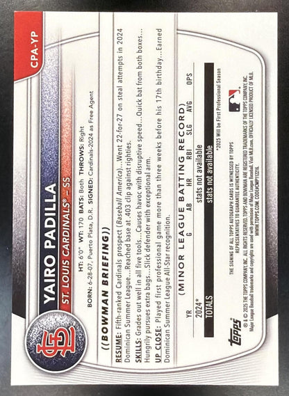 2025 Bowman Chrome Baseball Yairo Padilla #CPA-YP Auto Mini Diamond Refractor 078/100 1st
