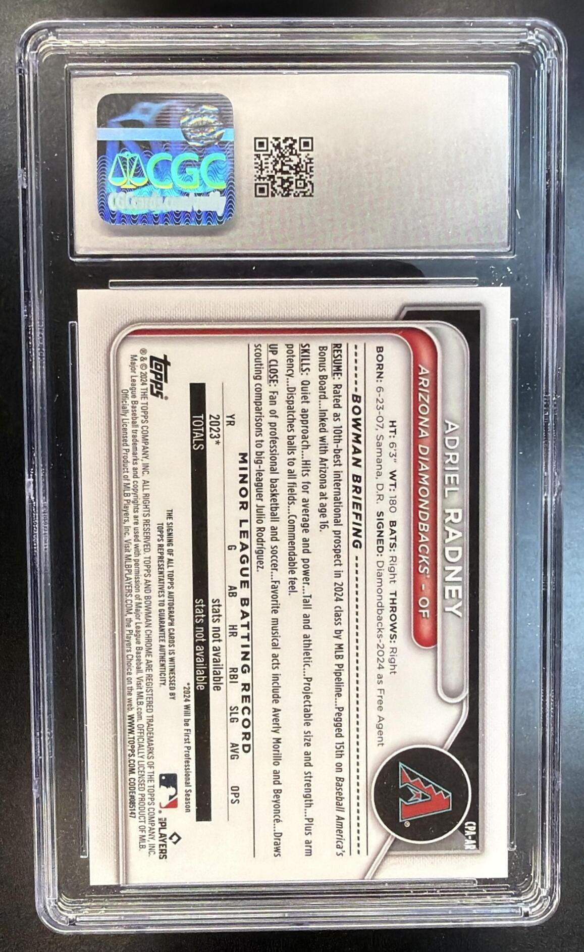 2024 Bowman Chrome Adriel Radney #CPA-AR Blue Reptilian Auto /150 CGC 8