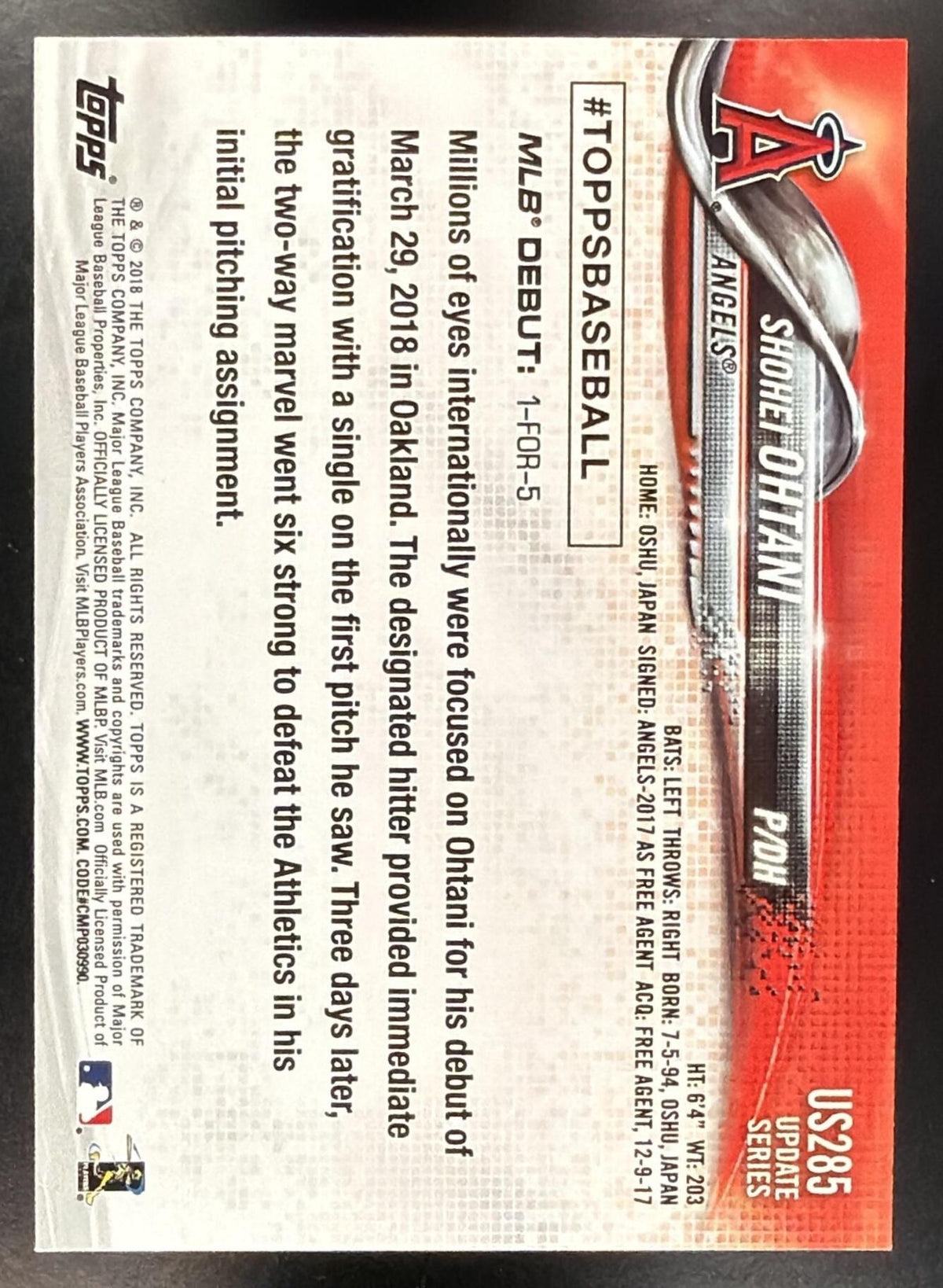 2018 Topps Update Shohei Ohtani #US285 RC