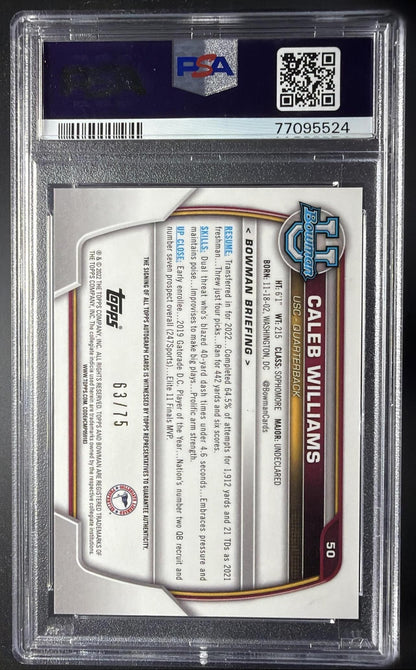 2022 Bowman University Chrome Caleb Williams #50 Prospect Auto Yellow Refractor /75 PSA 10