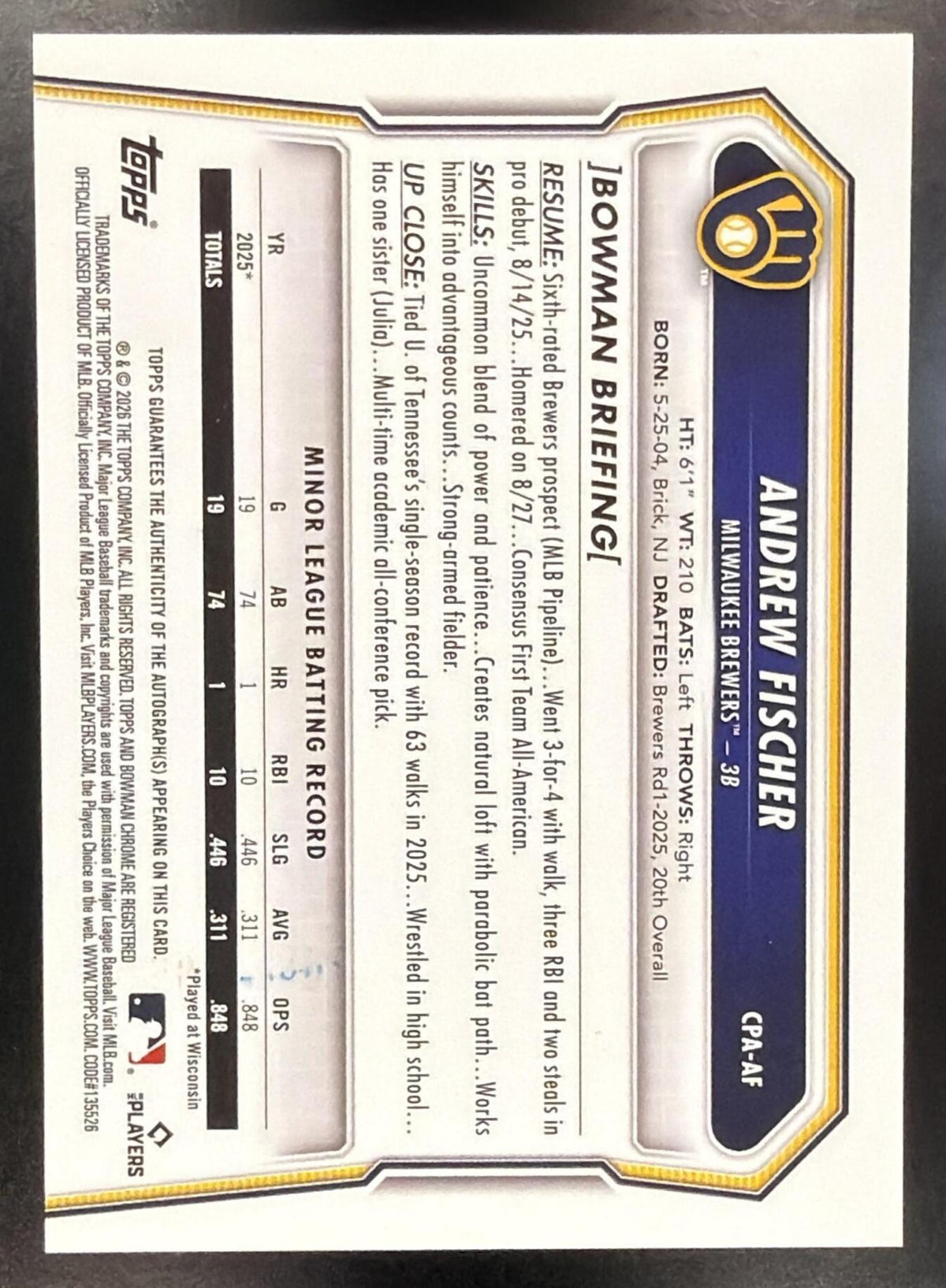 2026 Bowman Andrew Fischer #CPA-AF Chrome Auto Speckle Refractor /299 1st Prospect