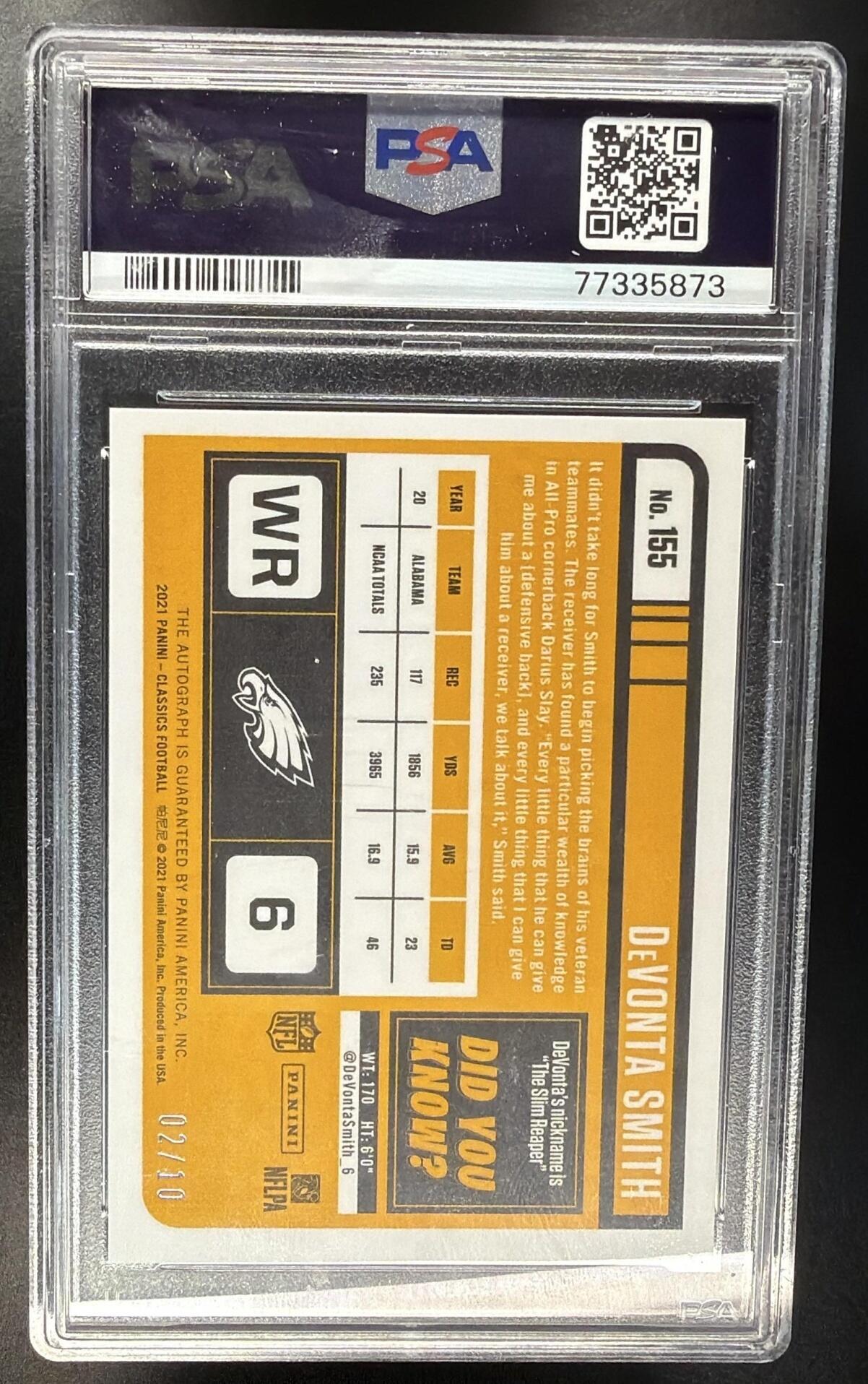 2021 Panini Classics DeVonta Smith #155 Premium Edition Significant Signatures Orange /10 Auto RC PSA 9