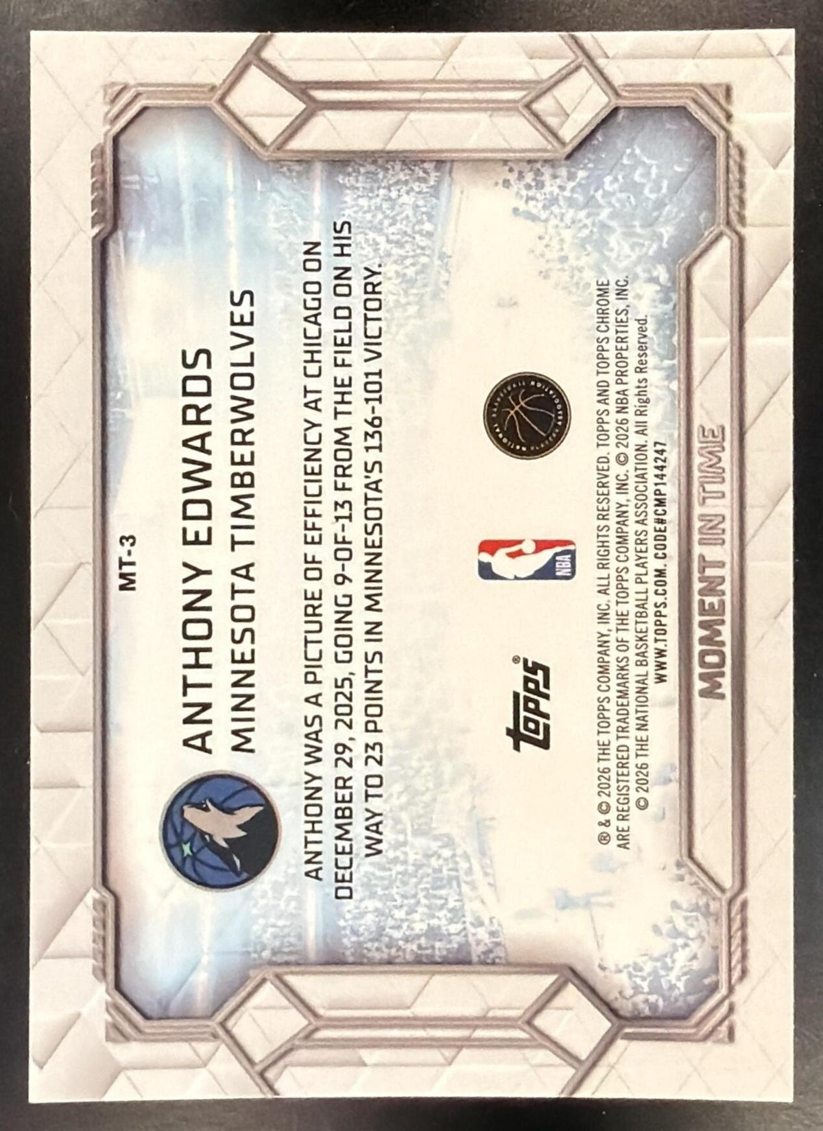 2025 Topps Chrome Update Anthony Edwards #MT-3 Moment In Time Geometric Refractor