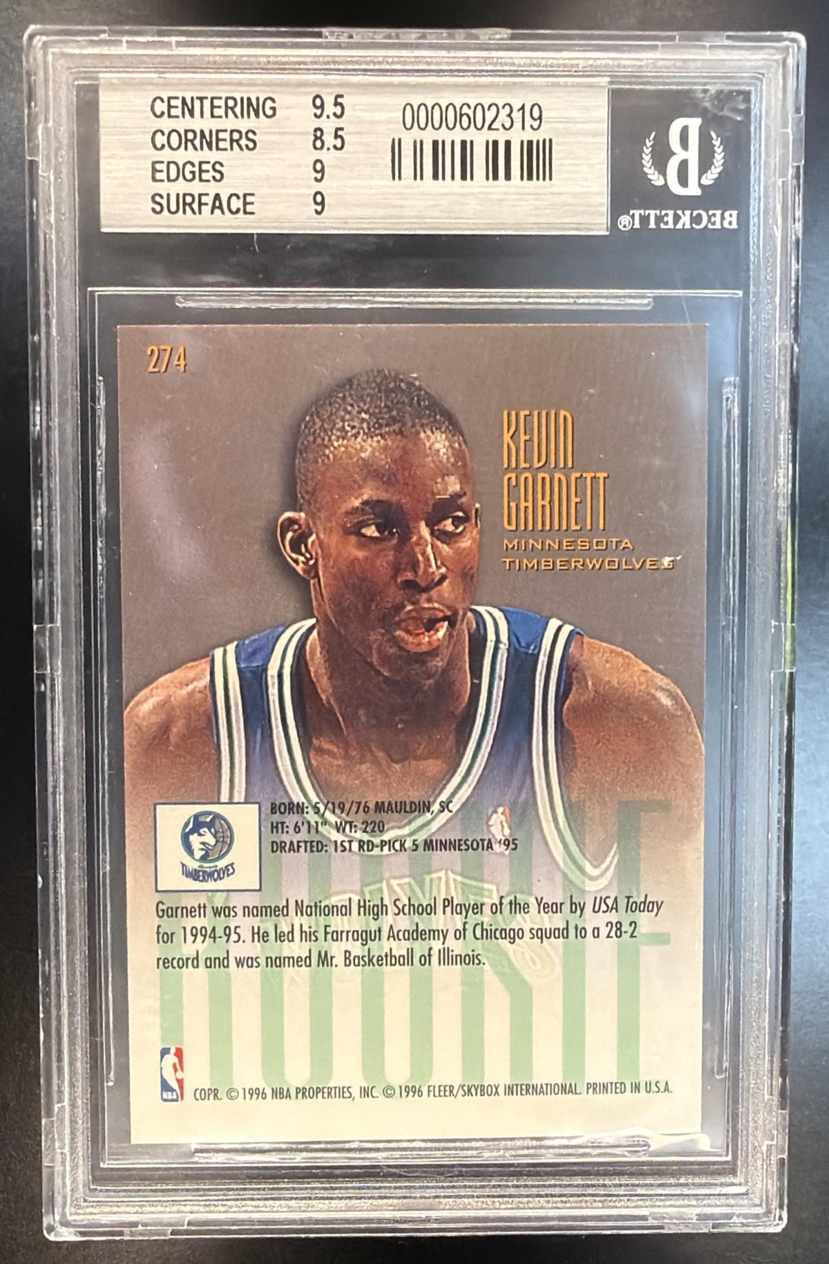 1995-96 Fleer Ultra Kevin Garnett #274 RC Timberwolves BGS 9