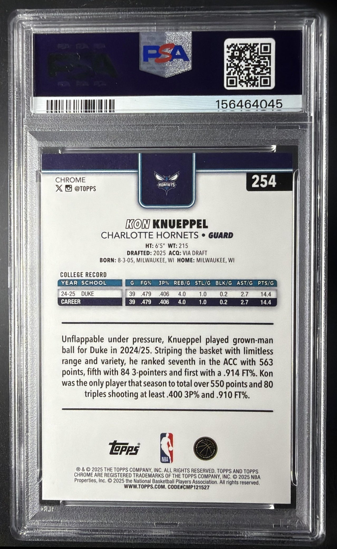 2025-26 Topps Chrome Kon Knueppel #254 Red White Blue Refractor RC PSA 10
