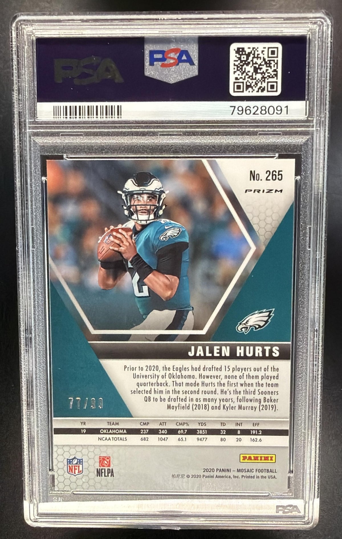 2020 Panini Mosaic Jalen Hurts #265 Prizm Blue 77/99 RC PSA 10