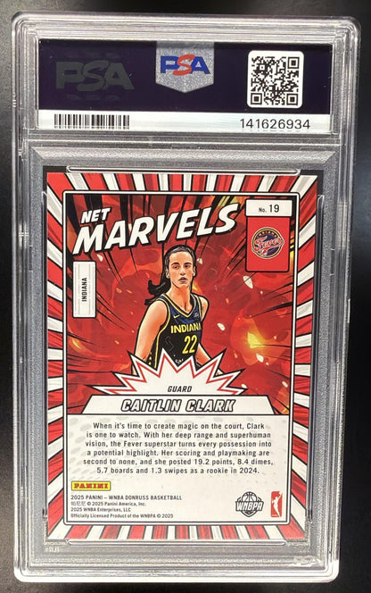 2025 Panini Donruss WNBA Caitlin Clark #19 Net Marvels Press Proof Purple PSA 9