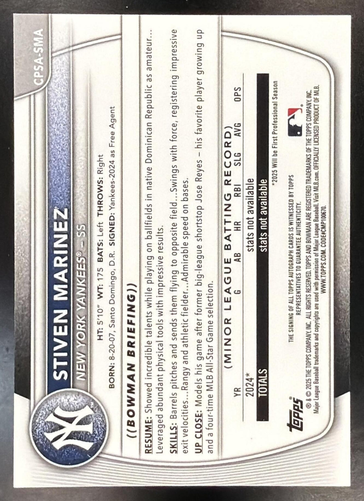 2025 Bowman Chrome Sapphire Stiven Marinez #CPSA-SMA Auto Green Refractor 13/99 1st Prospect