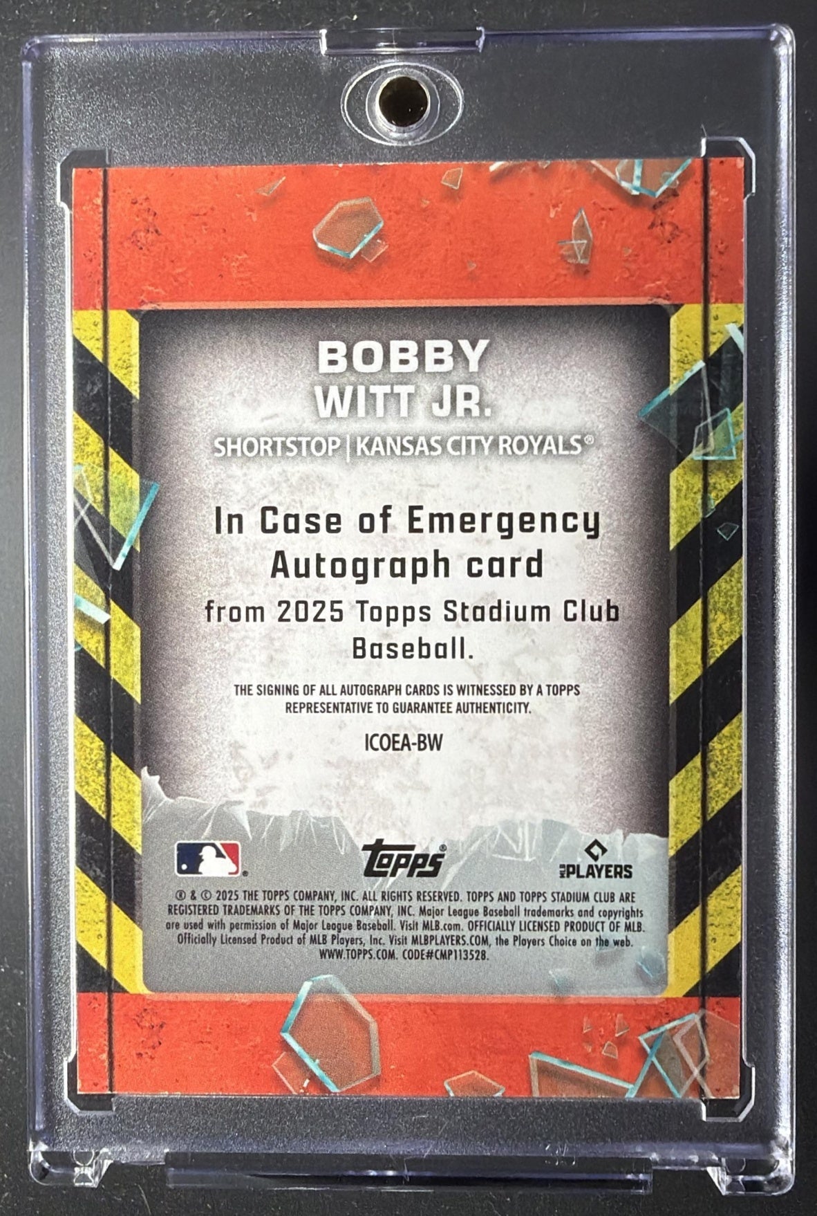 2025 Topps Stadium Club Bobby Witt Jr. #ICOEA-BW In Case Of Emergency Auto /25