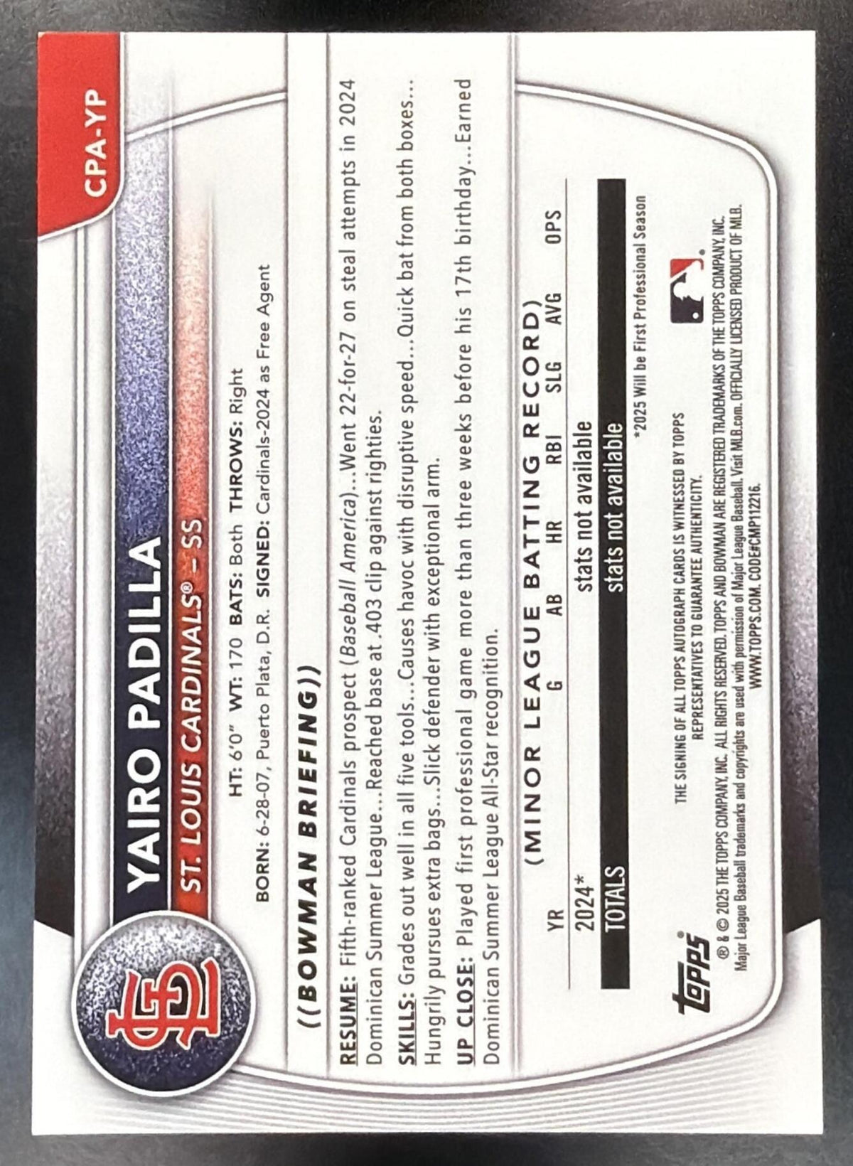 2025 Bowman Chrome Yairo Padilla #CPA-YP Auto Green Refractor 70/99 1st