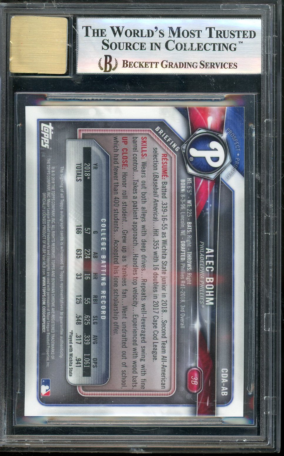 2018 Bowman Chrome Draft Alec Bohm Sparkle Auto 50/71 BGS 9 AUTO 10