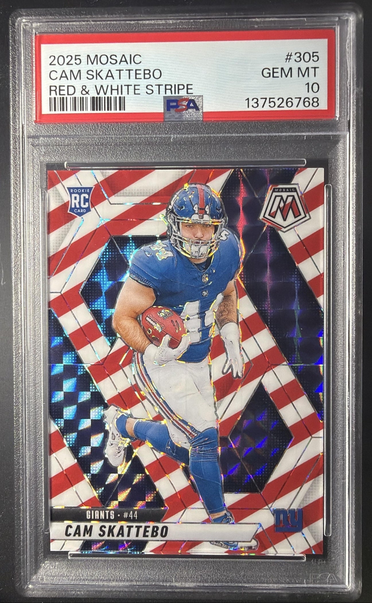 2025 Panini Mosaic Cam Skattebo #305 Rookies Red and White Stripe Prizm RC PSA 10