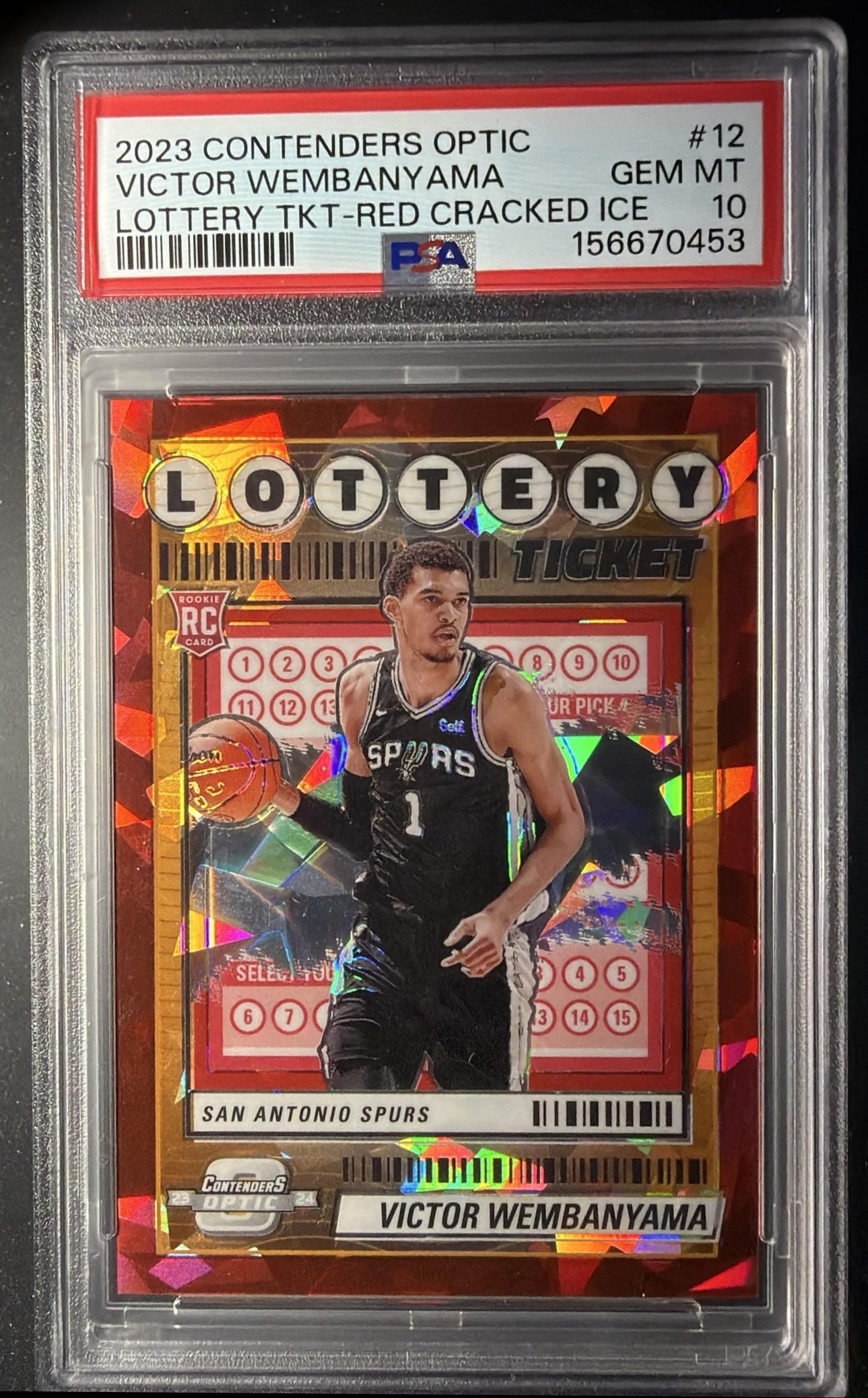 2023 Panini Contenders Optic Victor Wembanyama #12 Lottery Ticket Red Cracked Ice /175 RC PSA 10
