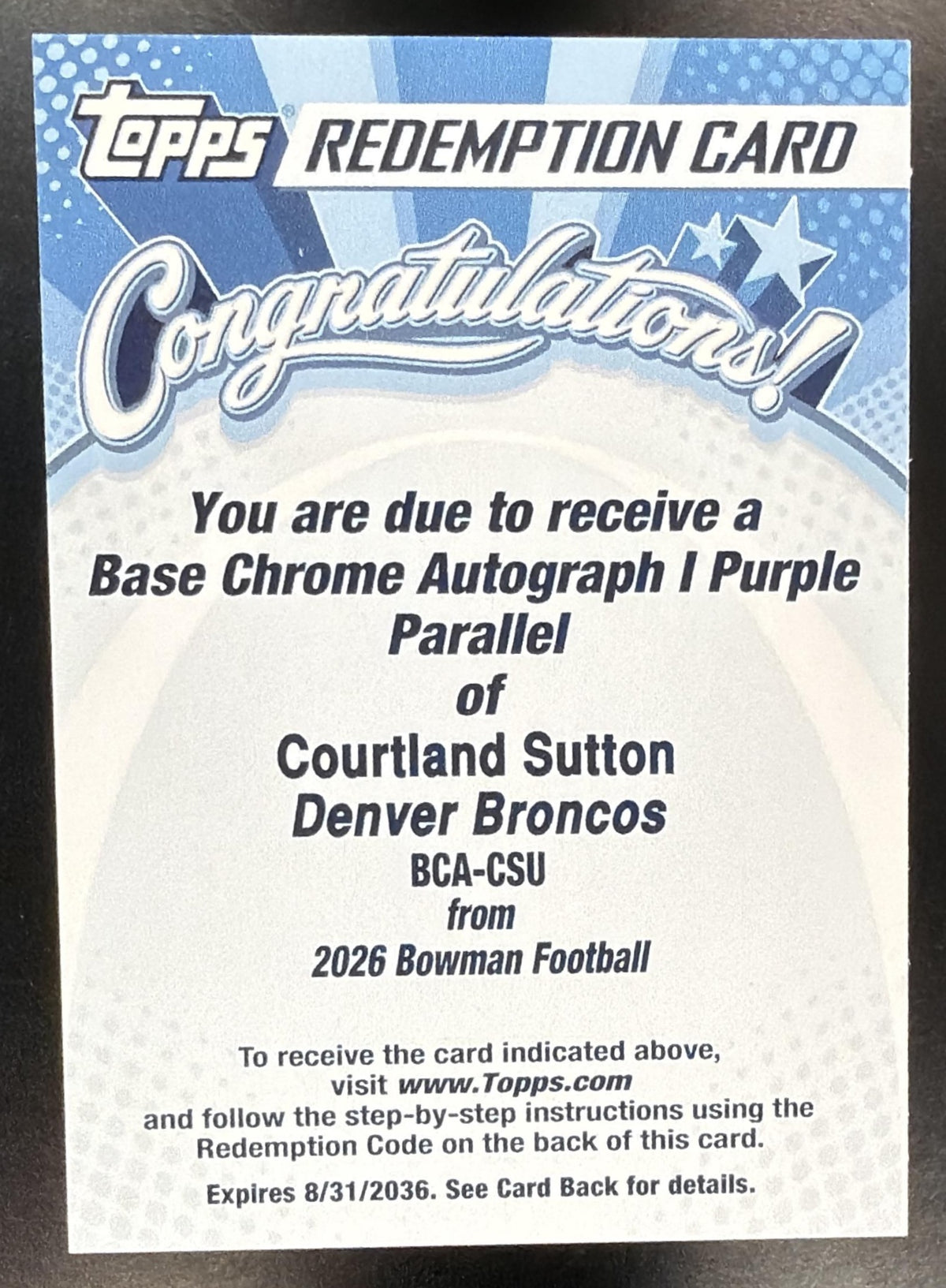 2026 Bowman Football Courtland Sutton #BCA-CSU Purple Parallel Auto