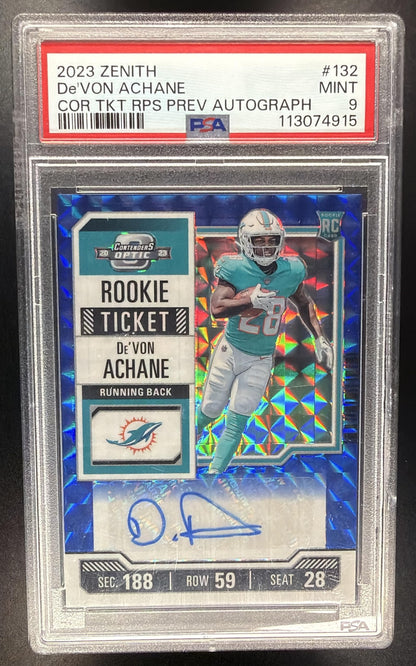 2023 Panini Zenith De'Von Achane #132 Contenders Optic Rookie Ticket Variation /23 Auto RC PSA 9