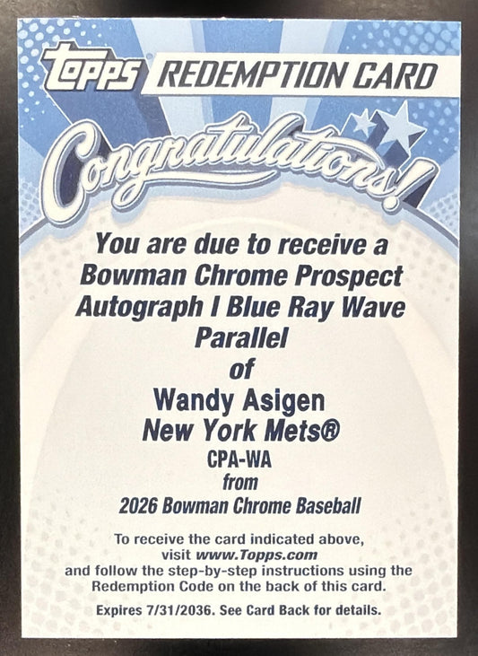 2026 Bowman Chrome Wandy Asigen #CPA-WA Auto 1st Prospect Blue Ray Wave /150