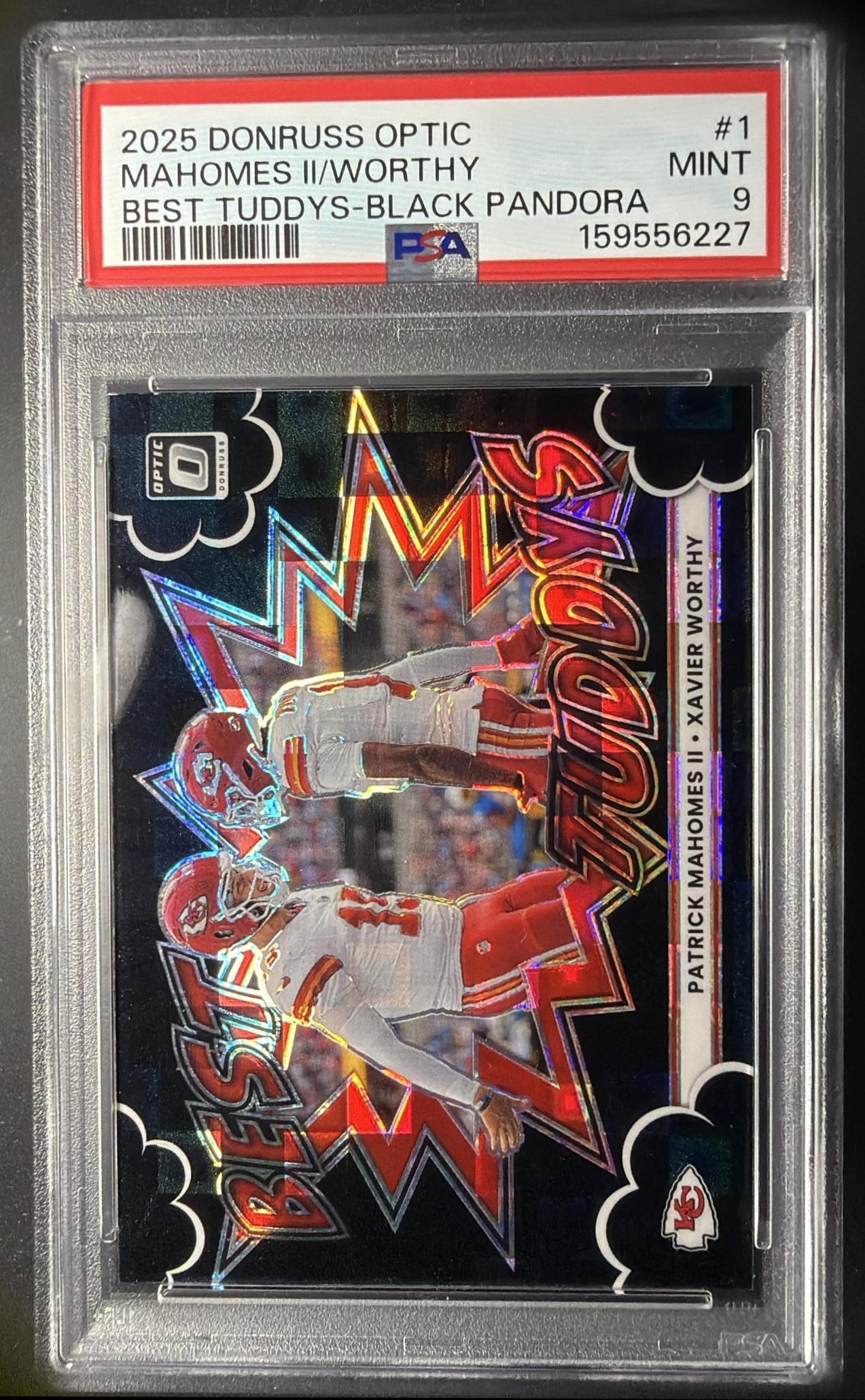 2025 Panini Donruss Optic Patrick Mahomes II Xavier Worthy #1 Best Tuddys Black Pandora /25 PSA 9