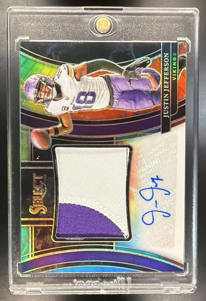2023 Panini Select Justin Jefferson #JSS-JJ Jumbo Signature Swatches Tie Dye Prizm /25 MEM Auto