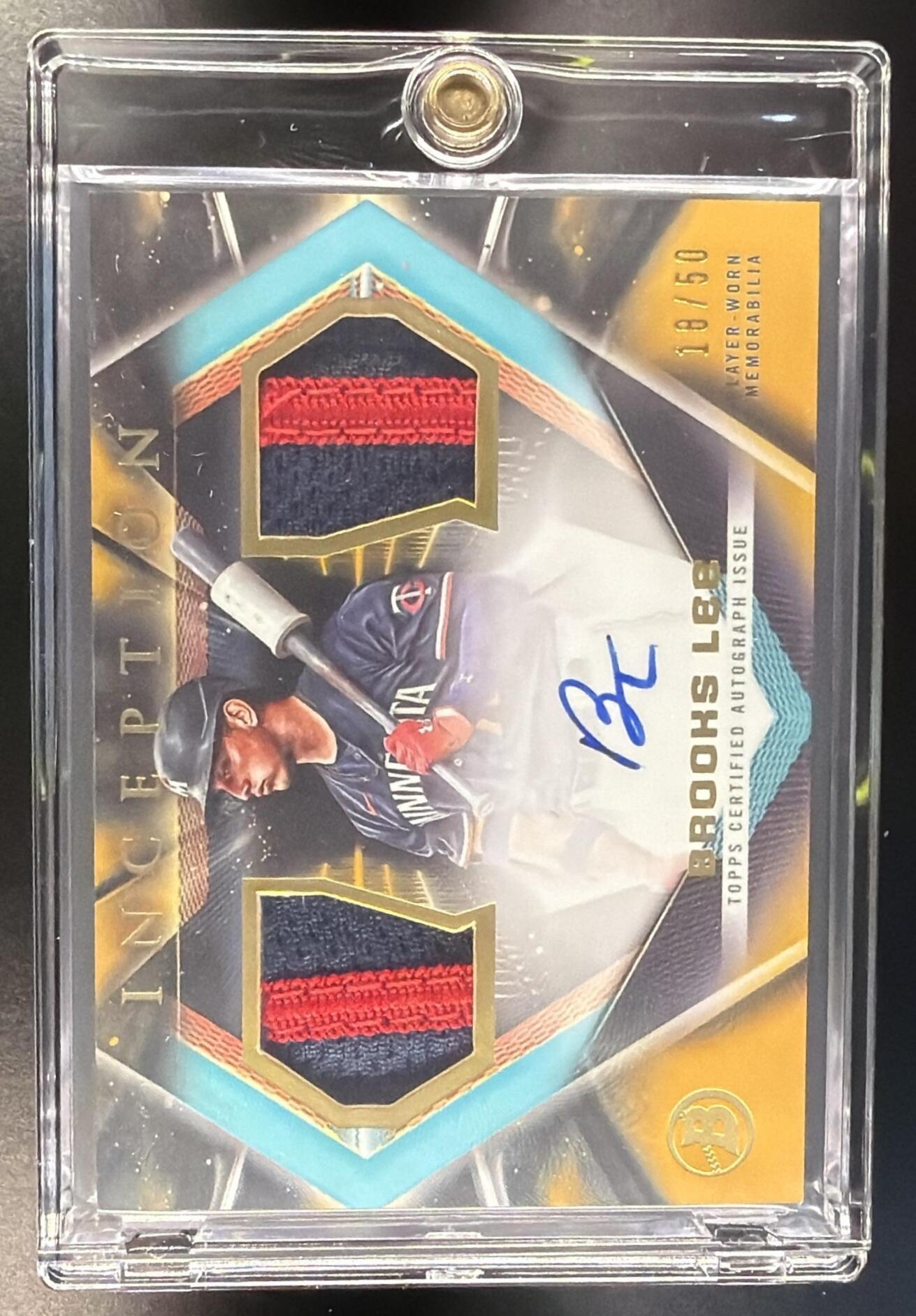 2023 Bowman Inception Brooks Lee #IADR-BL Auto Dual Relics Gold Foil 18/50