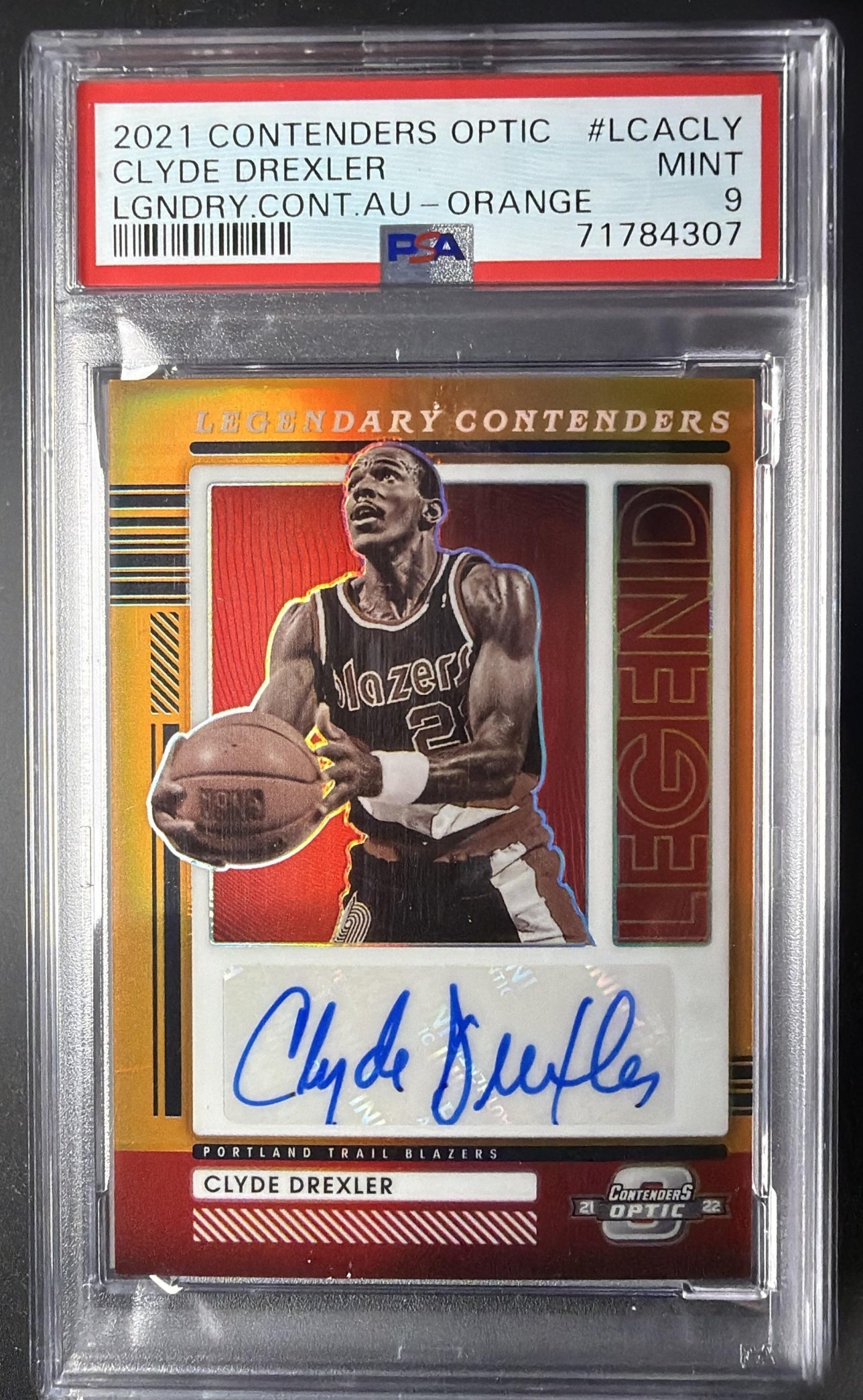 2021 Panini Contenders Optic Clyde Drexler #LCA-CLY Legendary Auto Orange /25 PSA 9