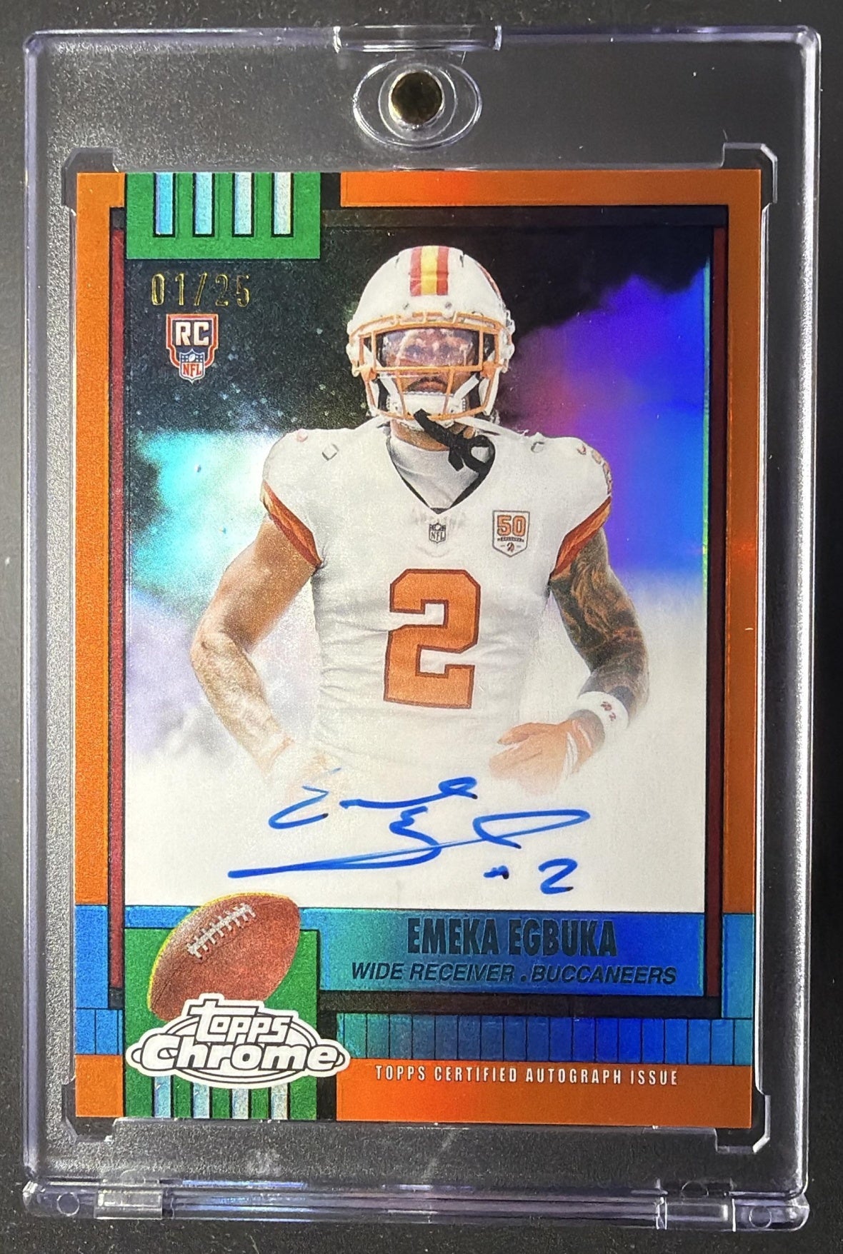 2025 Topps Chrome Emeka Egbuka #1990-EE 1990 Auto Orange Refractor 1/25 RC