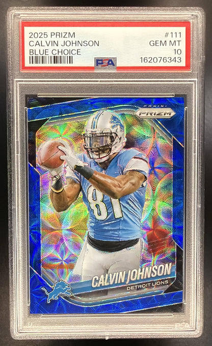 2025 Panini Prizm Calvin Johnson #111 Choice Blue 14/14 PSA 10