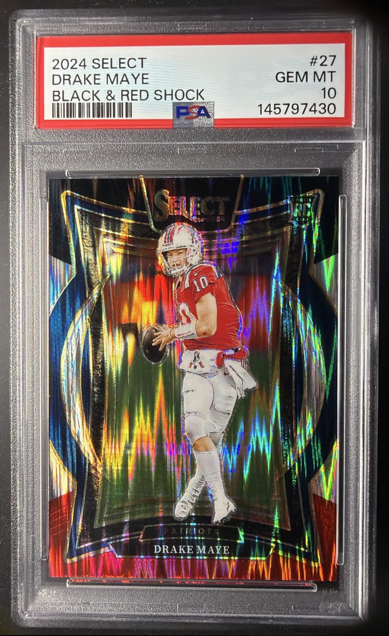 2024 Panini Select Drake Maye #27 Concourse Black and Red Prizm Shock RC PSA 10
