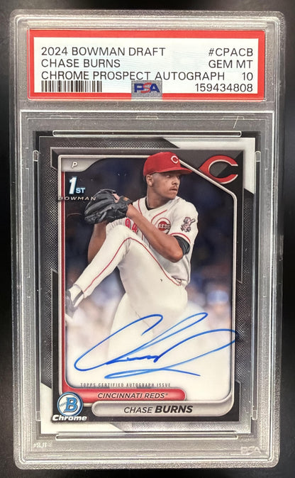 2024 Bowman Draft Chase Burns #CPA-CB Chrome Auto 1st Prospect PSA 10