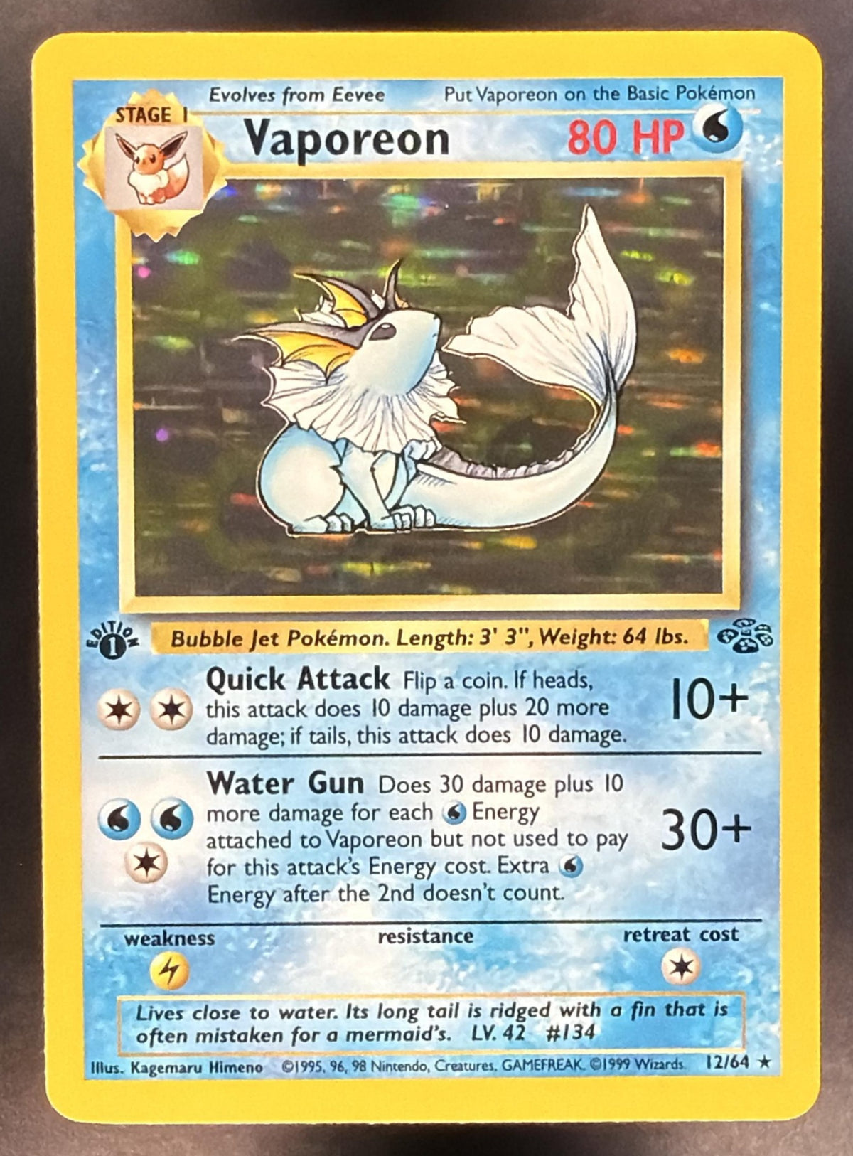 1999 Pokemon Jungle Vaporeon 1st Edition Holo 12/64 MP