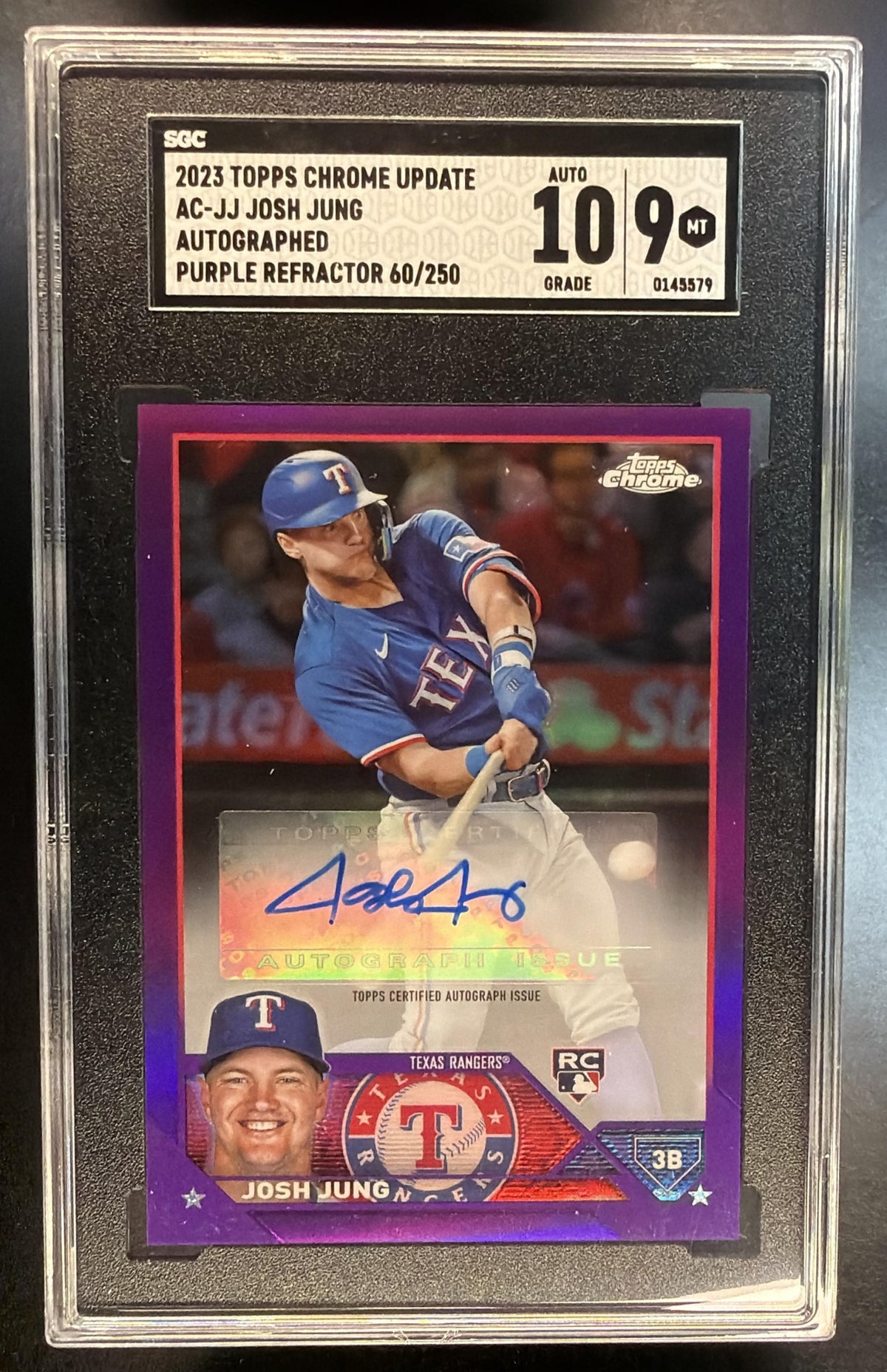 2023 Topps Chrome Update Josh Jung #AC-JJ Purple Refractor Auto 060/250 RC SGC 9 Auto 10
