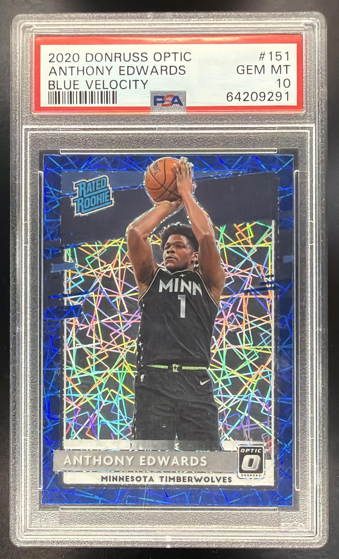 2020-21 Panini Donruss Optic Anthony Edwards #151 Blue Velocity Prizm RC PSA 10