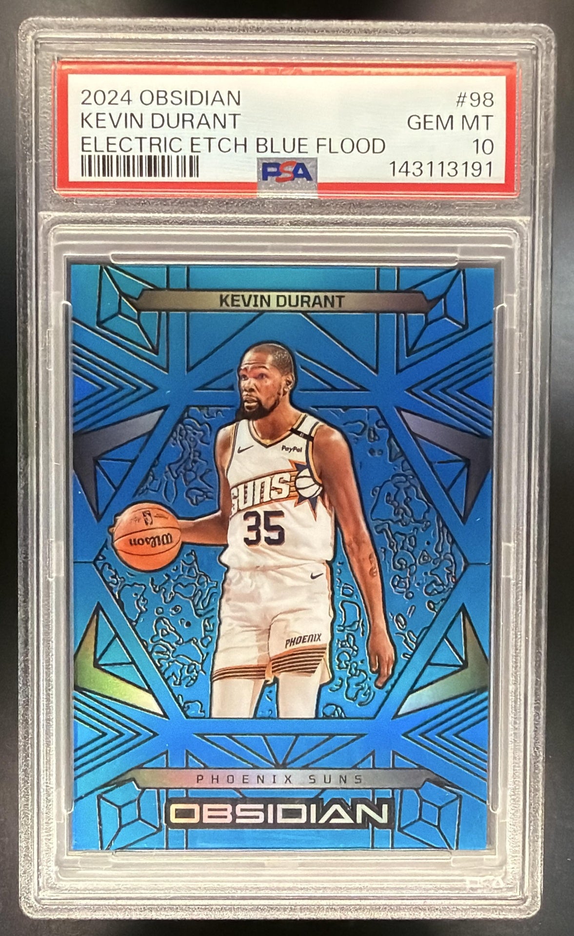 2024-25 Panini Obsidian Kevin Durant #98 Electric Etch Blue Flood 15/30 PSA 10