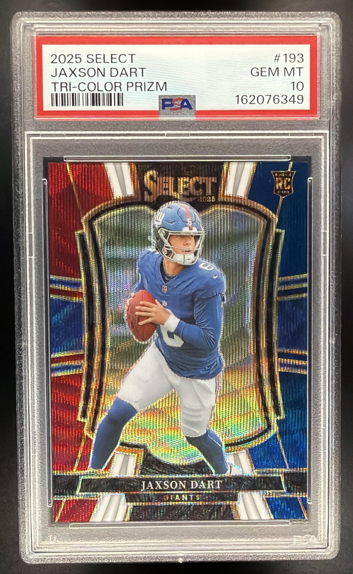 2025 Panini Select Jaxson Dart #193 Premier Level Tri-Color Prizm /299 RC PSA 10