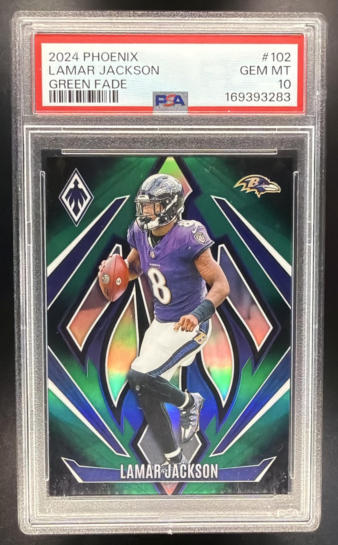 2024 Panini Phoenix Lamar Jackson #102 Green Fade 94/199 PSA 10