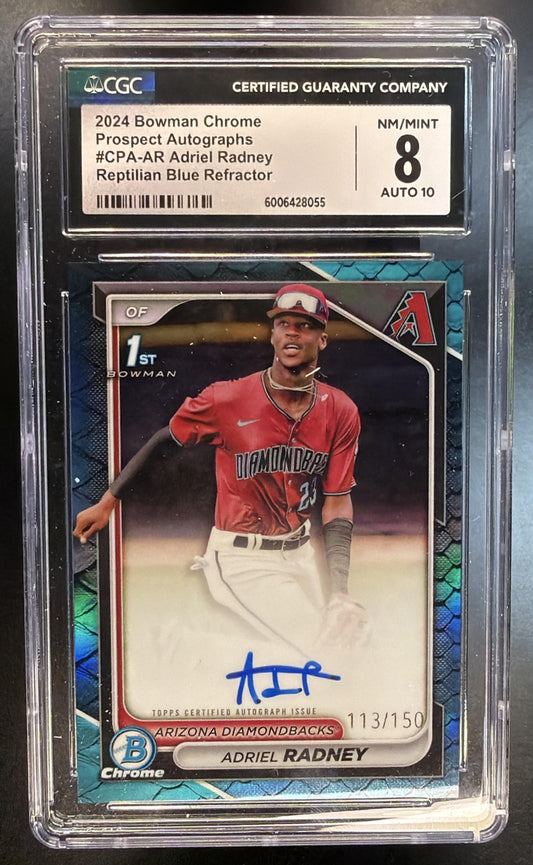 2024 Bowman Chrome Adriel Radney #CPA-AR Blue Reptilian Auto /150 CGC 8