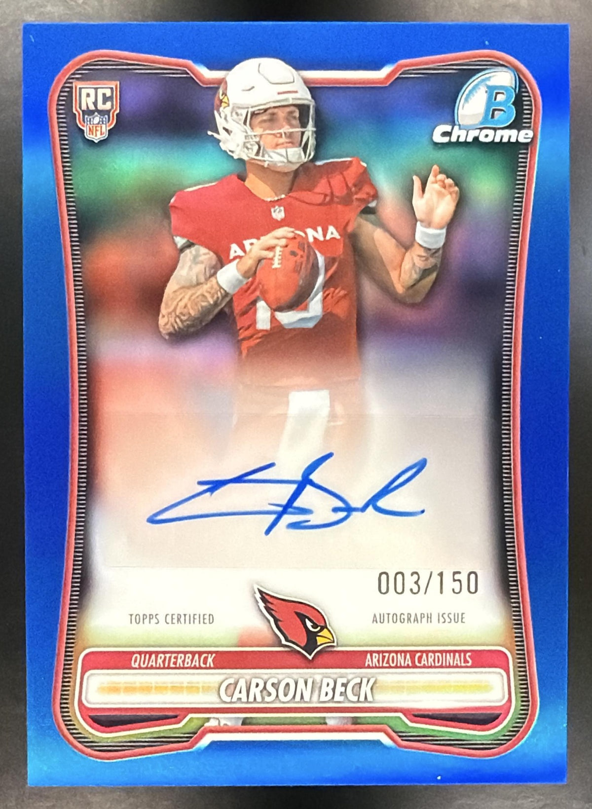 2026 Bowman Carson Beck #BCRA-CB Chrome Rookie Auto Blue Refractor 3/150 RC